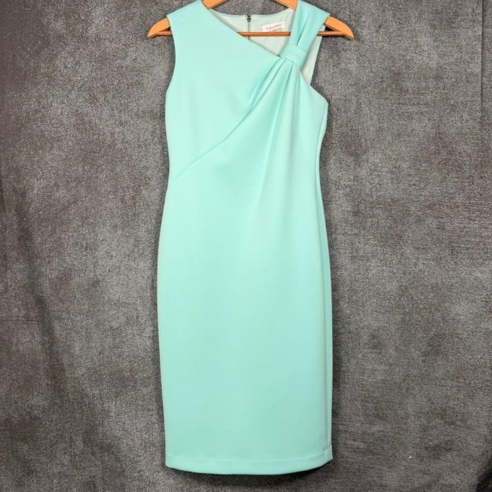 Calvin Klein Women 4 Mint Green Knotted Shoulder Sleeveless Scuba Sheath Dress